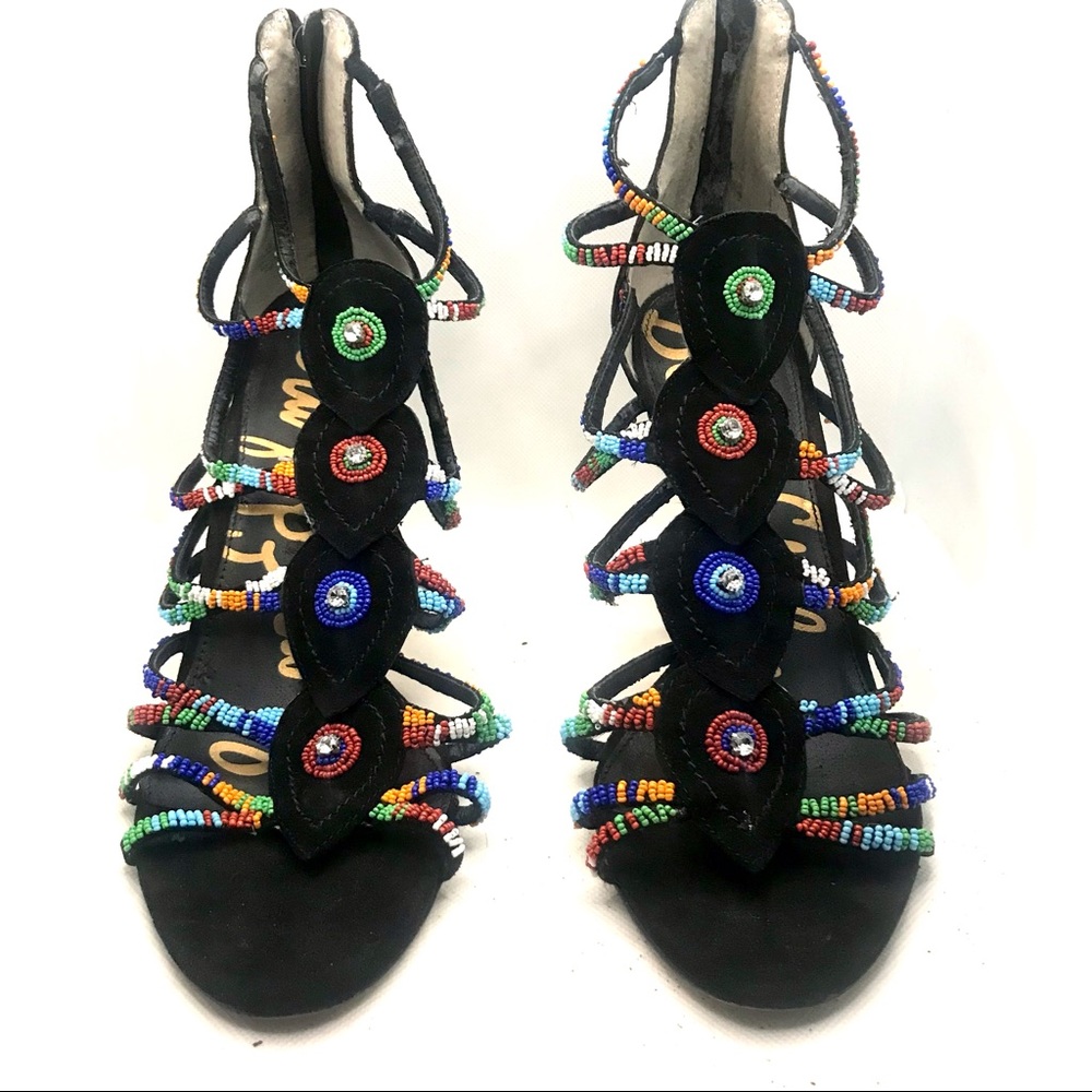 SAM EDELMAN "SAGE" BLACK SUEDE AND MULTI-COLOR BEAD STILETTO HEELS (10M) - Picture 3 of 13